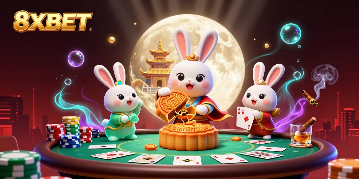 Experience thrilling gaming at 8XBET with cartoon elements featuring poker chips and unique characters.