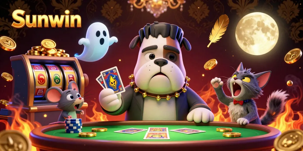 Engage with Sunwin's exciting casino action featuring Frankenstein, a ghost mouse, and a werewolf kitten in a dynamic gaming scene.