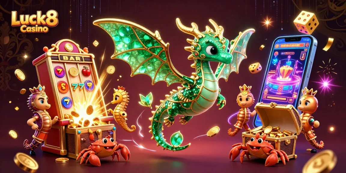 Experience exciting luck and wins at Luck8 Casino with vibrant 3D gaming elements and charismatic characters.
