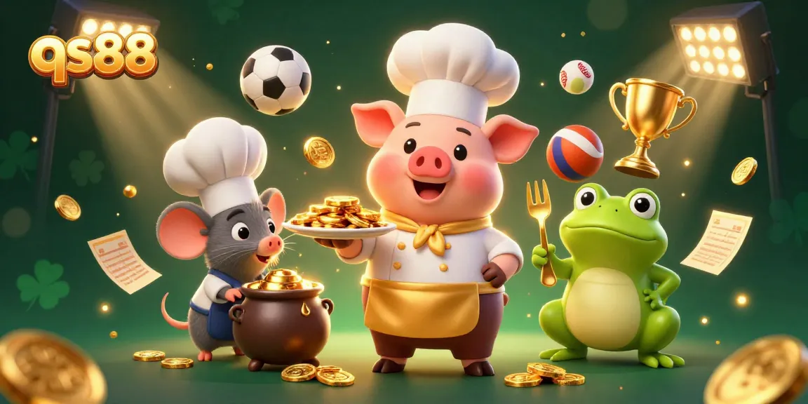 Experience the excitement of qs88 with a 3D chef pig serving gold coins and dynamic sports elements.