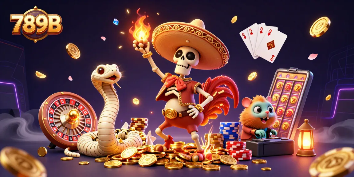 Celebrate with 789B: a victorious skeleton mariachi rooster dances among golden coins in a vibrant casino scene.