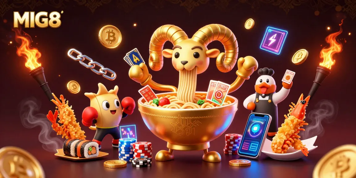 MIG8 features a golden ramen bowl character engaging in casino action with vibrant digital effects.