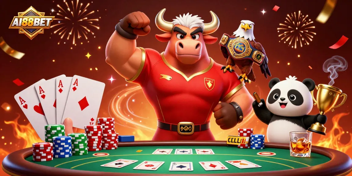 Experience the thrill of AI88BET with a victorious bull, an eagle champion, and a joyful panda in a vibrant casino setting.