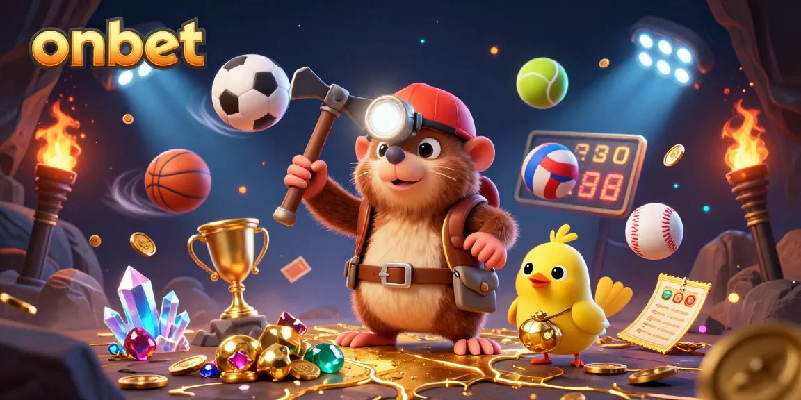 Join the excitement at onbet with treasure hunter characters exploring a gold-filled cave rich in gaming elements.