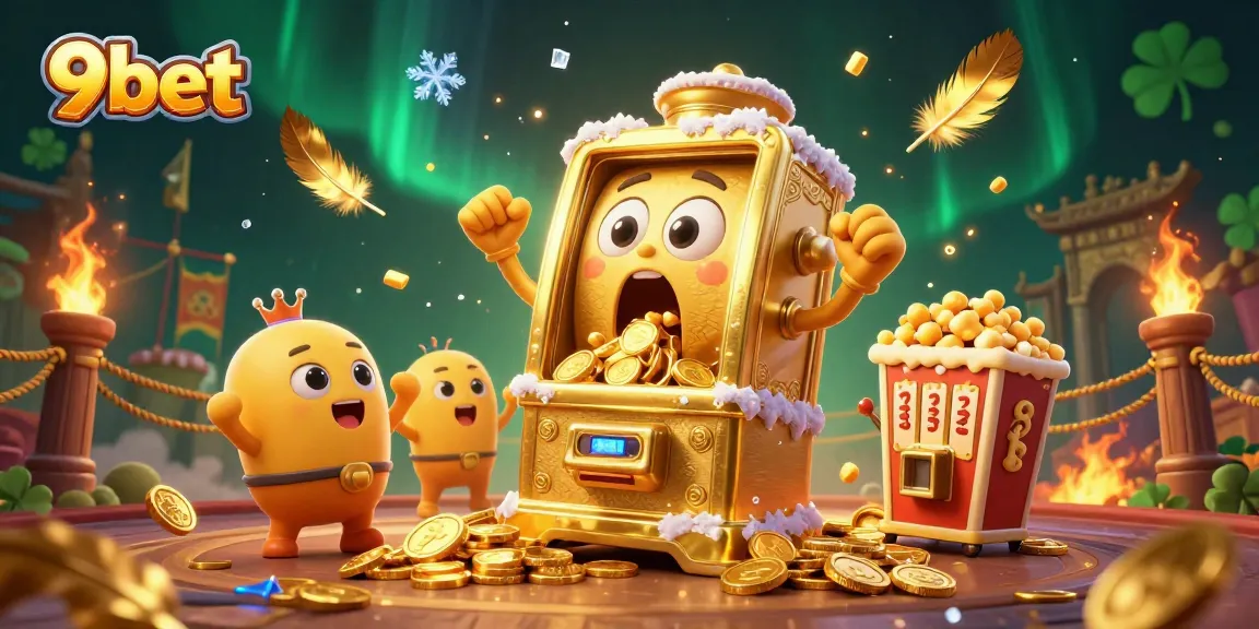 9bet showcases an animated golden slot machine celebrating a jackpot, surrounded by cheering machines and gold tokens.