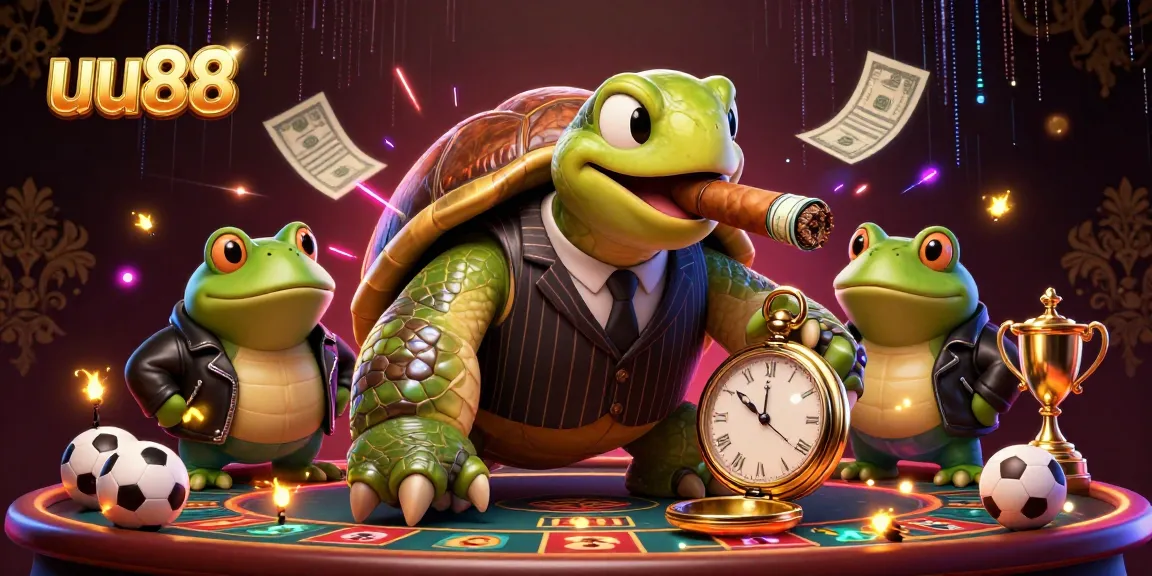 uu88 sports betting scene with cartoon turtle in suit, bullfrog enforcers, and betting elements.