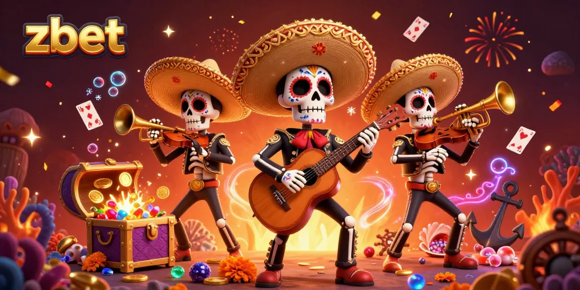 Engage with zbet in a vibrant 3D scene of mariachi band skeletons and festive gaming elements.