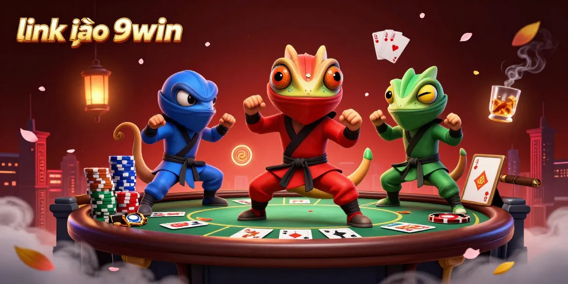 Experience the thrill of poker with link vào 9win, featuring vibrant ninja chameleons amidst chips and cards.