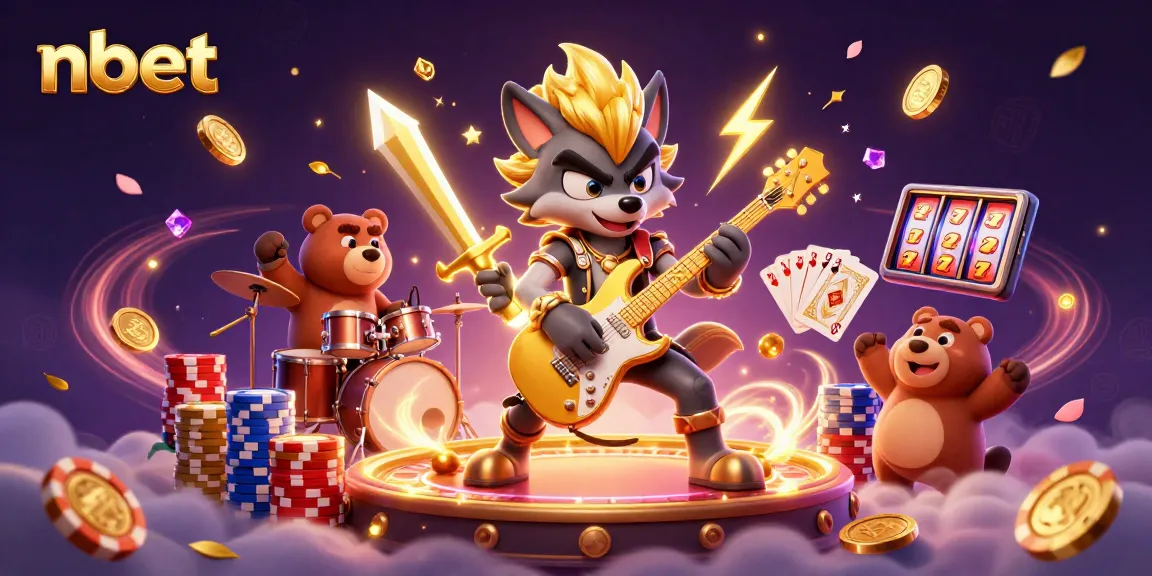 Feel the excitement at nbet with a lively casino illustration of a rock star wolf performing on stage.