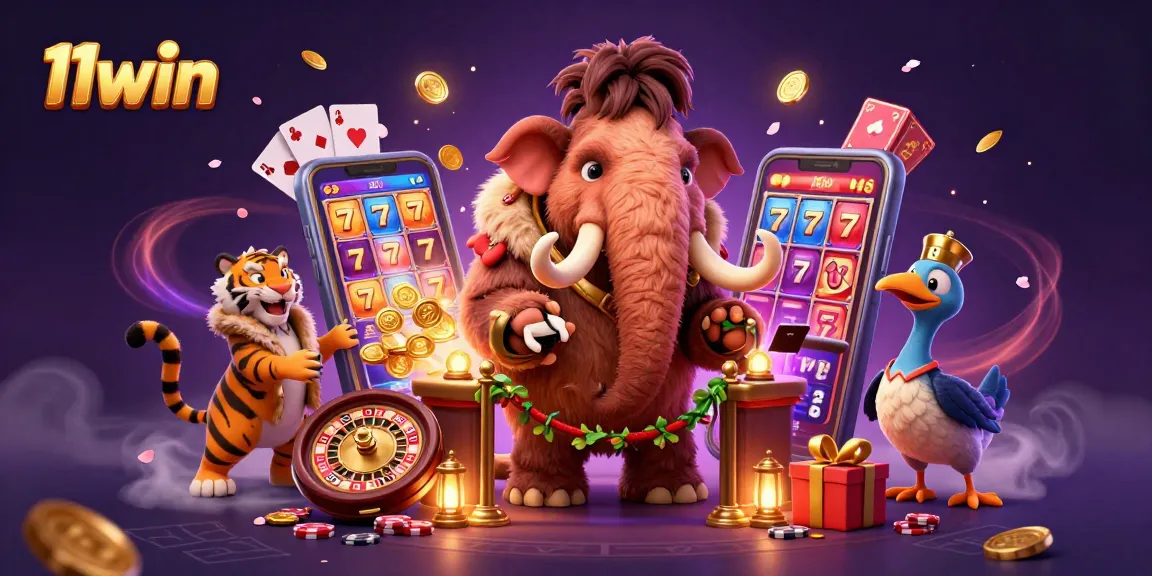 Experience excitement with 11win; a vibrant 3D casino scene featuring unique characters and games.