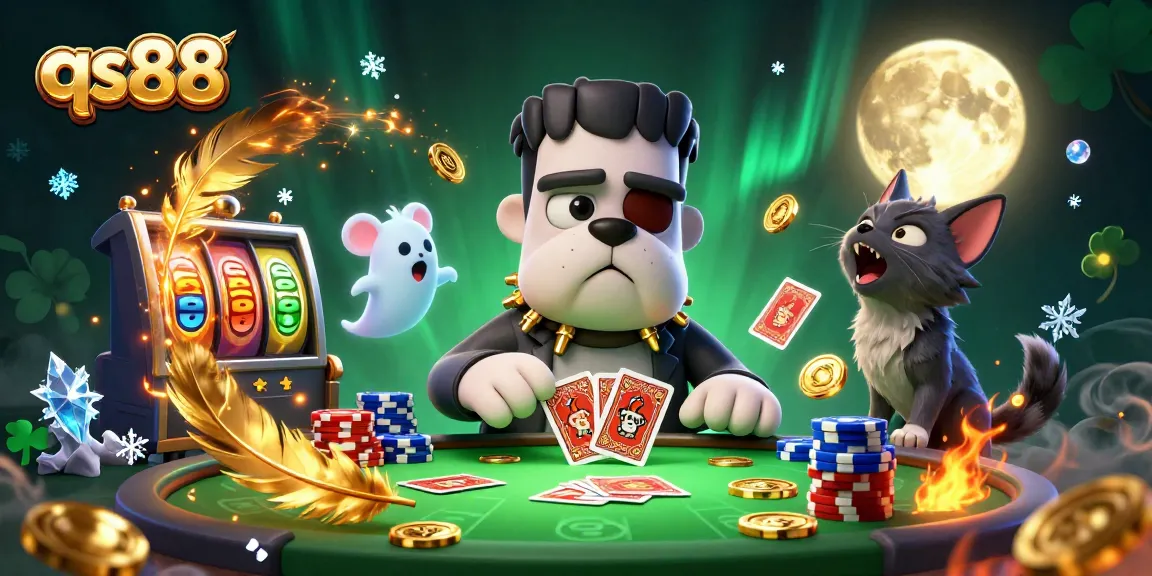 Experience the thrill of qs88 as a Frankenstein bulldog deals cards at an exciting casino table.