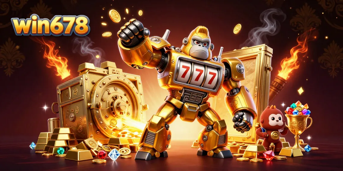 Experience the excitement of win678 with spinning slot machine reels and treasures bursting forth.