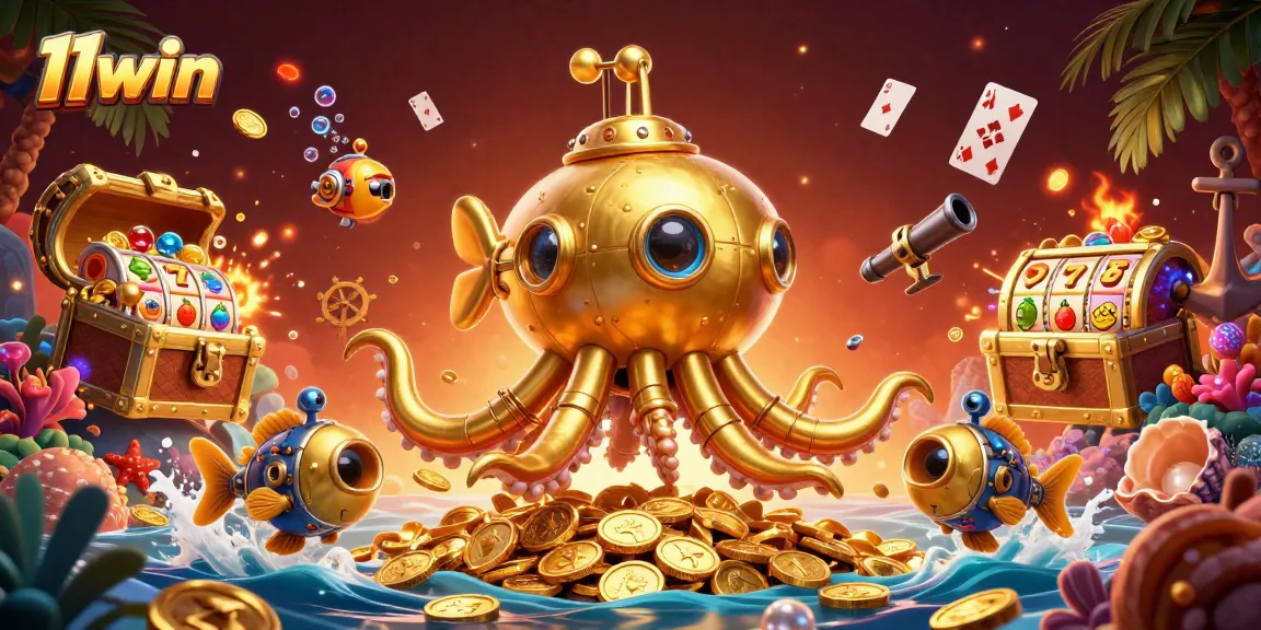 Engage with 11win's vibrant underwater casino world featuring enchanting slot reels and playful kraken.