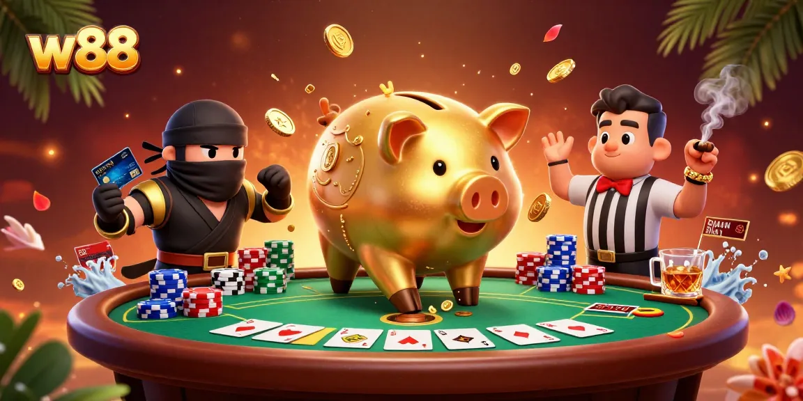 Engage in thrilling w88 casino gaming with dynamic characters, poker scenes, and playful energy.