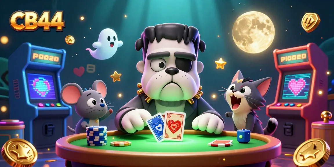Experience the fun at CB44 with a lively illustration featuring gaming characters at a casino table.