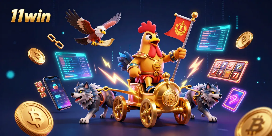 Engage with 11win's captivating 3D casino illustration featuring a rooster warlord amidst thrilling gaming elements.