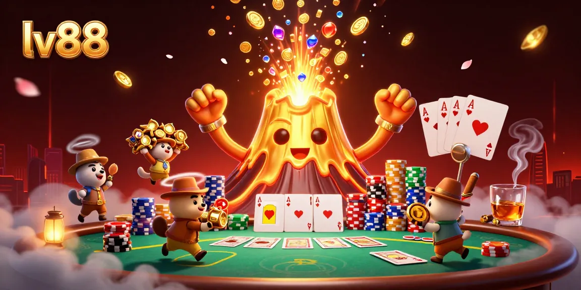 Engage with lv88's vibrant gaming scene featuring treasure from a golden volcano and poker excitement.