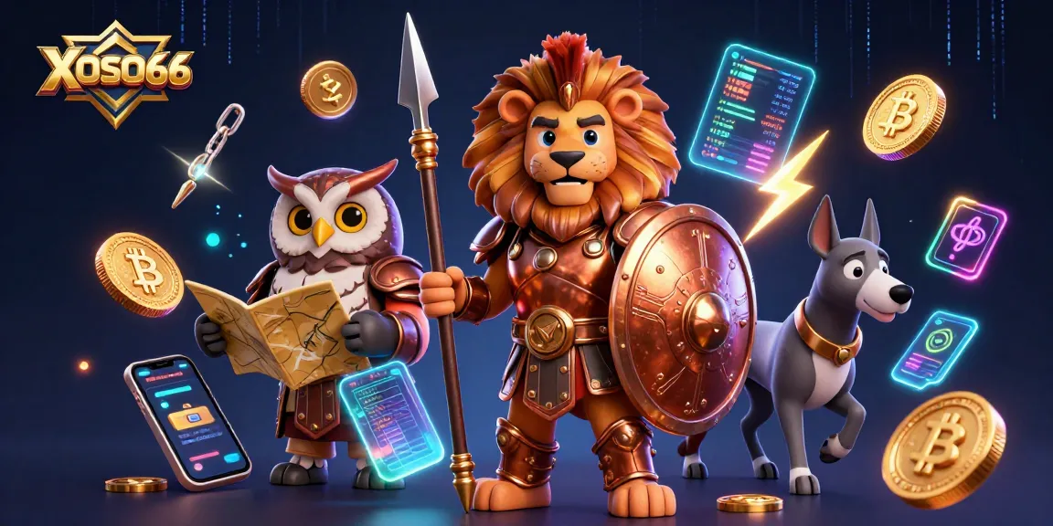 Engage with XOSO66's vibrant 3D casino scene illustrating dynamic characters and crypto elements.