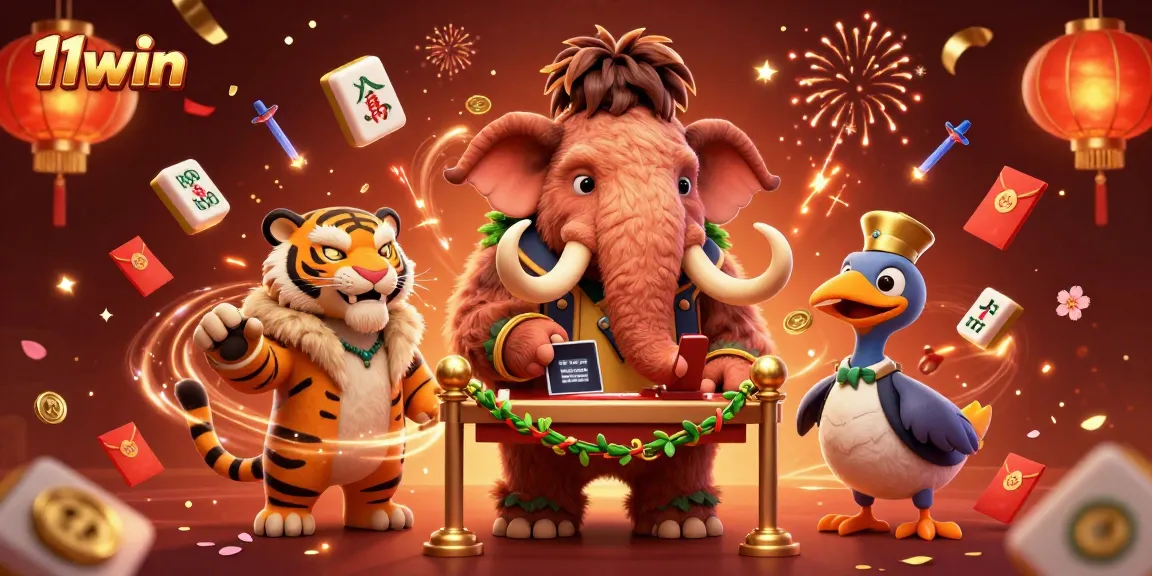 Experience the vibrant 11win casino scene with a woolly mammoth bouncer and festive decorations.