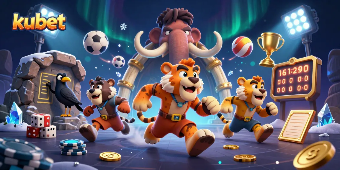 Kubet offers an exciting betting experience with a cartoon casino scene featuring sports elements.