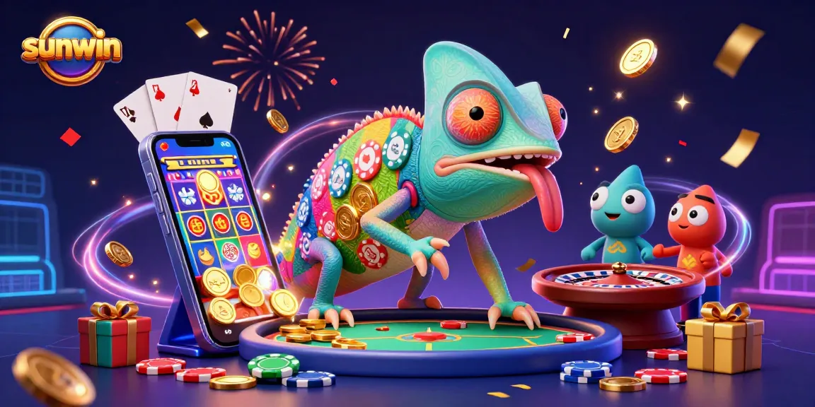 Experience the excitement of sunwin with a dynamic chameleon casino owner amidst colorful gaming elements.