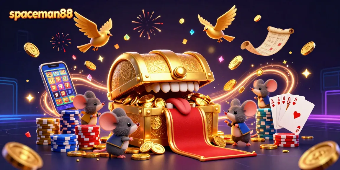 Play and win using spaceman88 with slots, poker, and massive golden coins in an exciting casino scene.