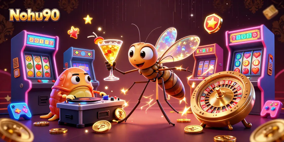 Nohu90's vibrant casino scene features a 3D mosquito mascot, trilobite DJ, and golden roulette elements.