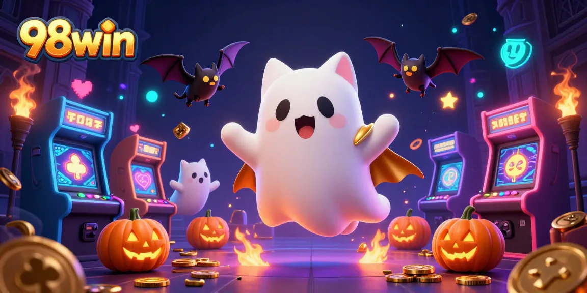 Experience thrilling gaming with 98win in a vibrant haunted casino scene featuring playful characters.