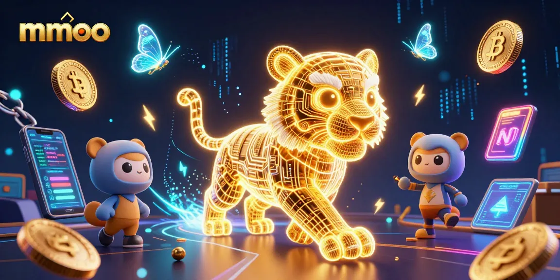 Engage in thrilling experiences at mmoo with a neon-wireframe golden tiger amidst vibrant digital casino elements.