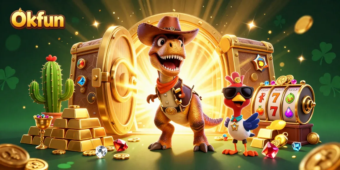 Experience the thrill of Okfun casino with a vibrant cartoon dinosaur character amidst dazzling treasures and games.