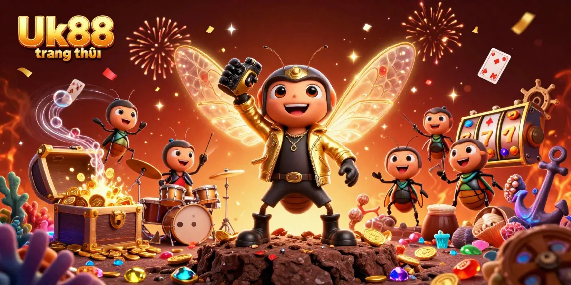 Join the Uk88 trang chủ excitement with a lively scene of a cicada rock star and a vibrant casino environment.