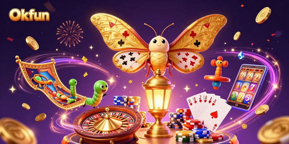Experience the excitement of Okfun's casino scene with animated games and winning symbols.