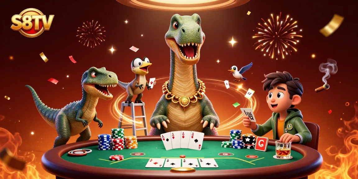 S8TV presents a vibrant casino scene with a dinosaur and raptor dealing poker cards.