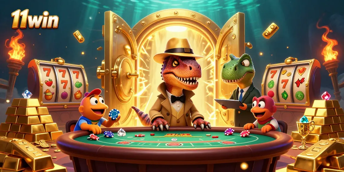 Experience thrilling gameplay at 11win with a velociraptor card counter and vibrant casino elements.