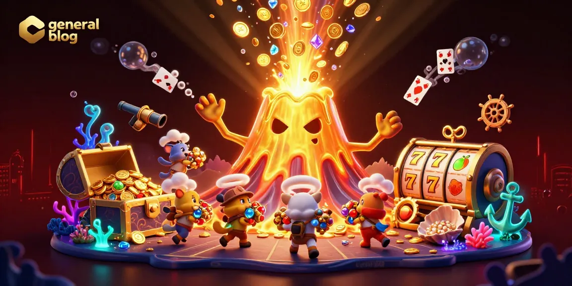 Engage with the thrilling action of a golden volcano and treasure in a vibrant casino general blog scene.