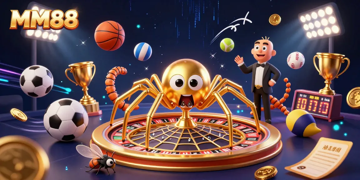 MM88 engages players at a vibrant online casino showcasing golden spider elements and dynamic sports balls.