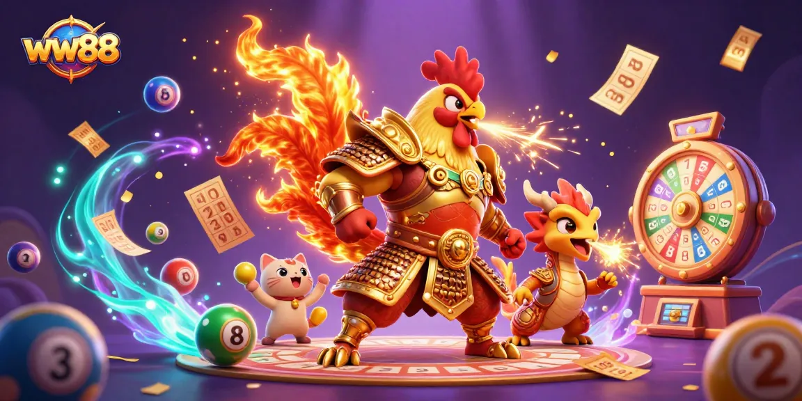 Engage in thrilling adventures at ww88 with a dynamic gaming illustration of a rooster warrior, dragon hatchling, and fortune cat!