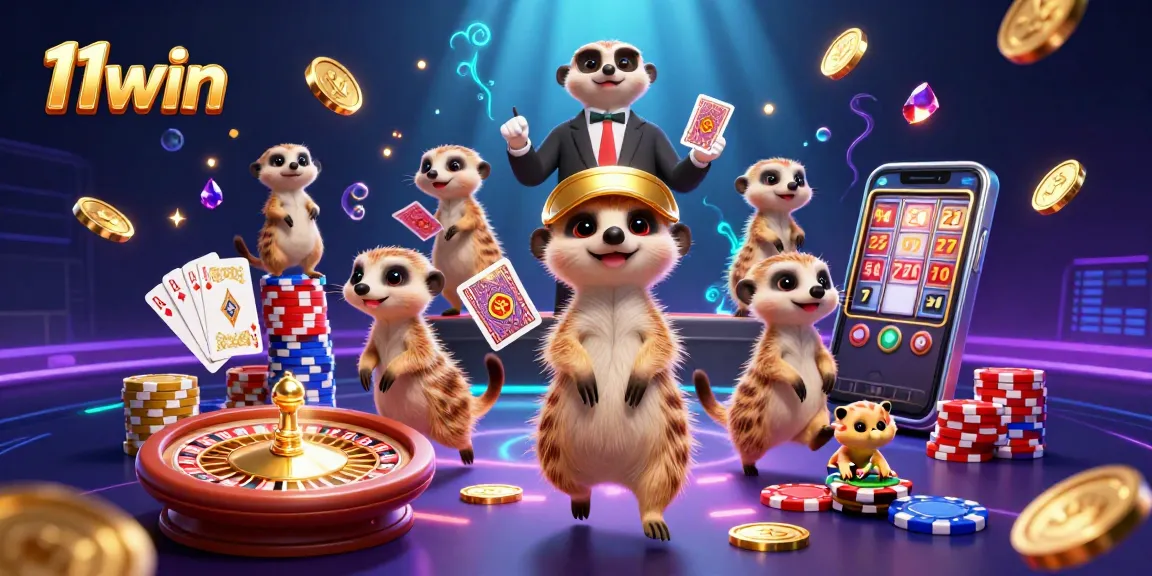 Exciting scene of meerkats managing the 11win casino with colorful game elements and vibrant animations.