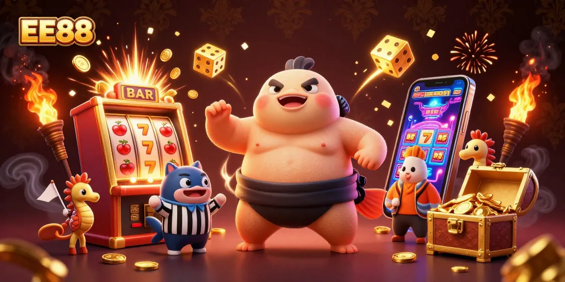 Experience the excitement of EE88 with a dynamic underwater casino showdown featuring vibrant characters and fortune elements.
