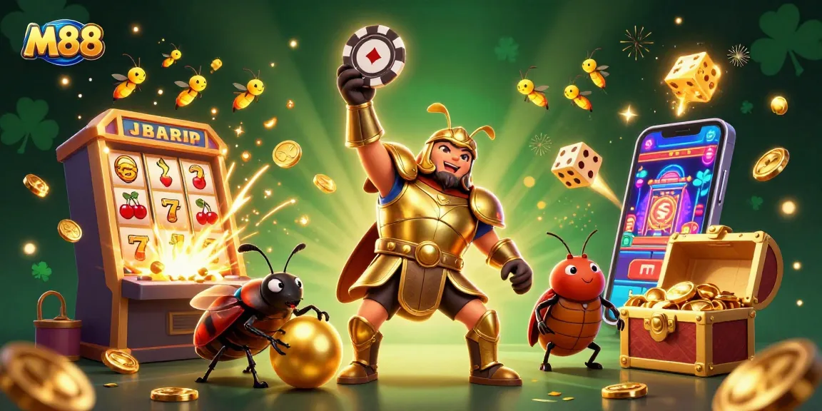 Engage with M88's thrilling casino experience via a beetle lifting a poker chip in victory!