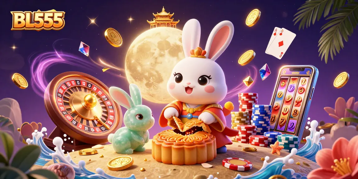 Engage in thrilling gaming action with BL555, showcasing a magical 3D casino world filled with golden moon rabbits and poker chips.
