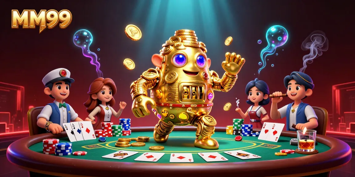 Experience the excitement of MM99 with vibrant casino elements and a golden golem.