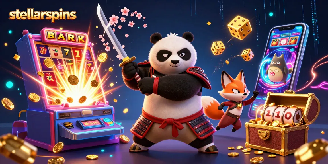 Witness the stellarspins jackpot with samurai panda and ninja fox in an explosive casino scene.